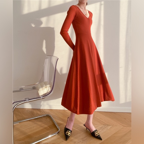 🍁Red Orange V-Neck Sweater Dress🍁 - Picture 3 of 6